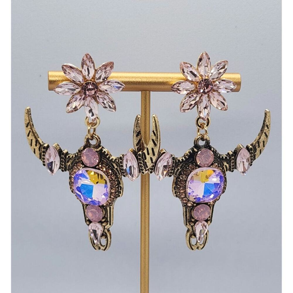 Western Bull Head and Flower Dangle Earrings Stunning a Little Gaudy Great